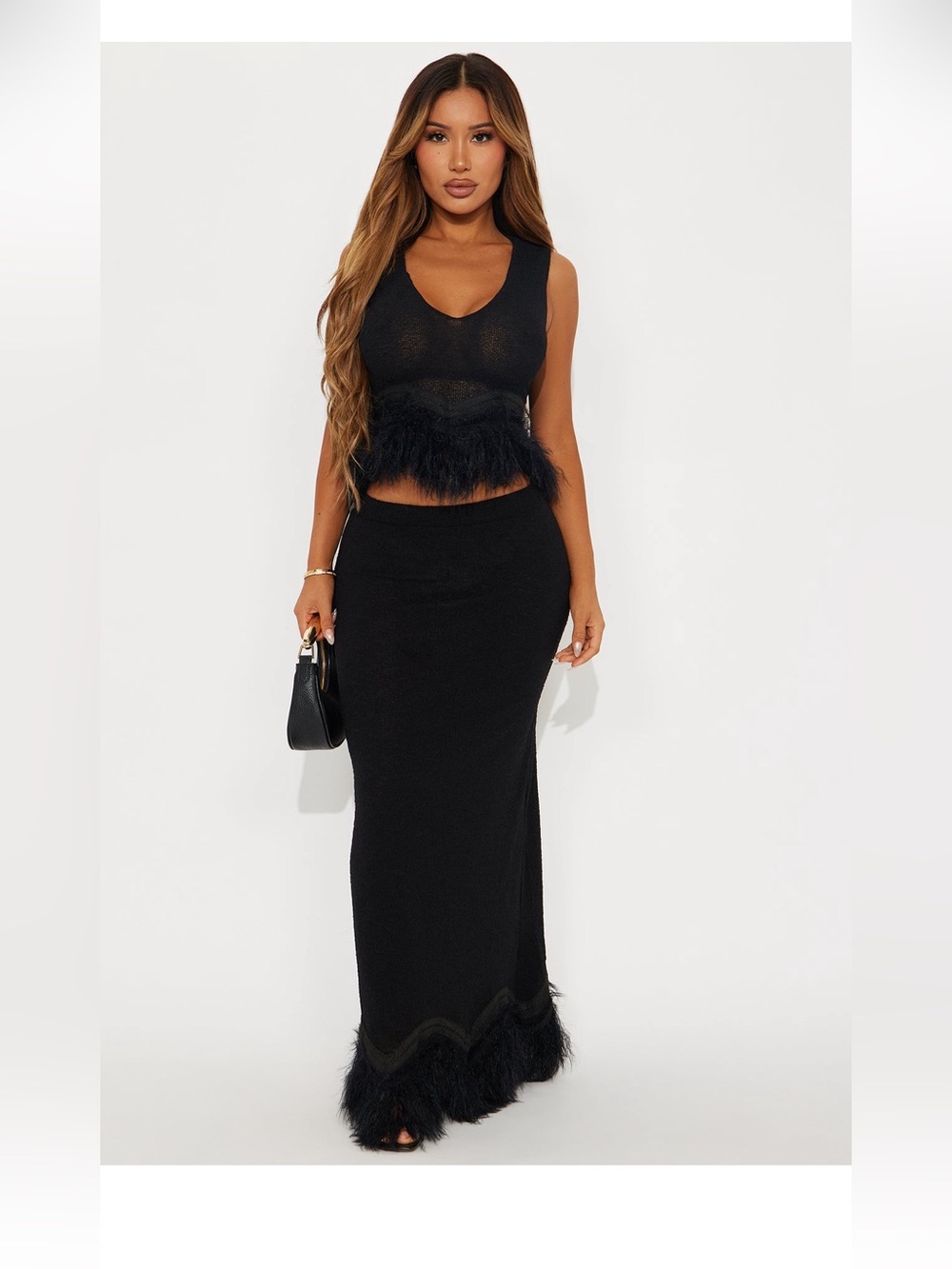 2pc -Black Feather Trim Maxi Skirt Set
